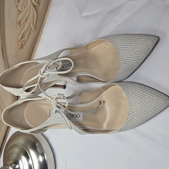 Jimmy Choo Tie up Pumps Eggshell Off white Weave Texture 37.5 - Picture 1 of 12
